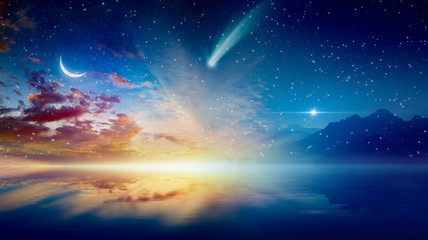 Wall Mural - crescent moon, glowing horizon, bright stars and comet
