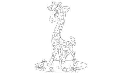 Wall Mural - Cute giraffe cartoon drawing to color