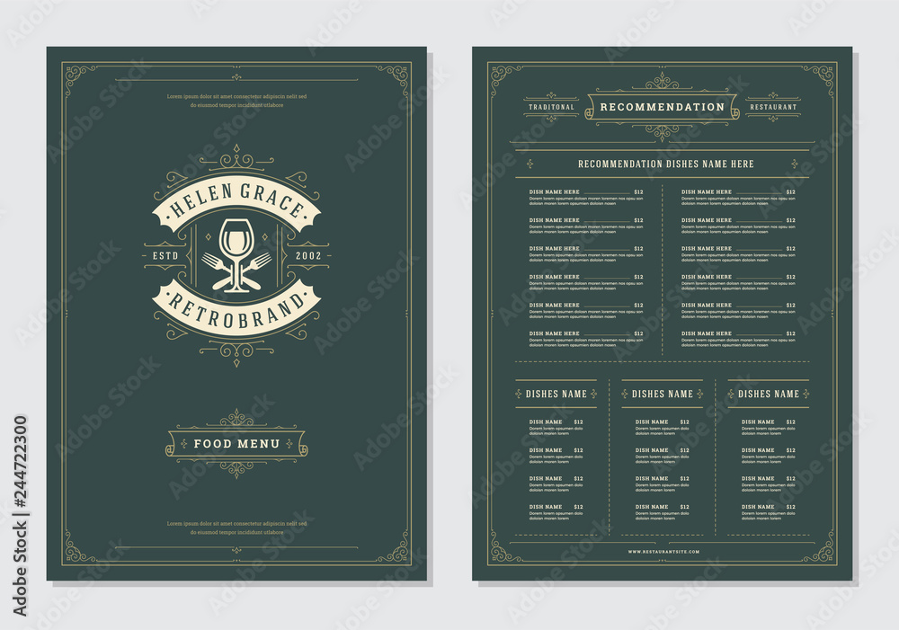 Restaurant menu design and logo vector brochure template. - obrazy, fototapety, plakaty 