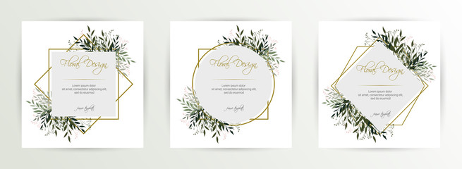 Frame on flower background. Wedding Invitation, modern card Design. geometric golden frame print. eps 10.