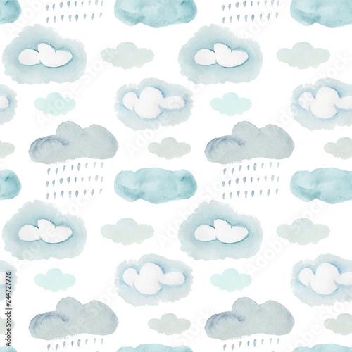 Foto-Schiebegardine Komplettsystem - Cute colorful watercolor seamless pattern with gray and blue stormy clouds and rain drops. Cartoon texture with weather elements for kids textile, wrapping paper, weather surface design, background (von Tatahnka)
