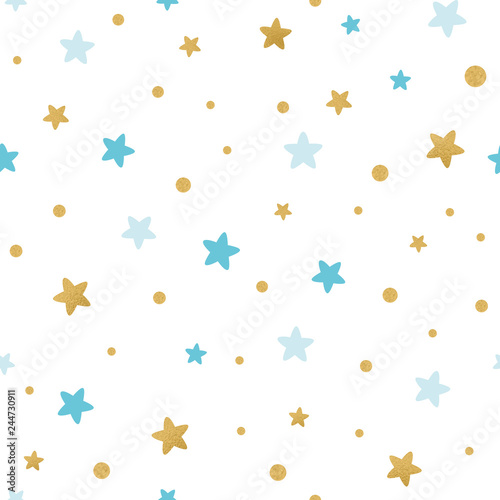 Blue gold star baby seamless pattern Holiday Baby shower background