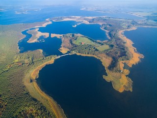 Wall Mural - Aerial view of beautiful landscape of lake district, bridge between Dargin and Kirsajty Lakes, next Mamry Lake, Mazury, Poland