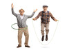 Cheerful mature man with a hula hoop and a senior man jumping on a skipping rope