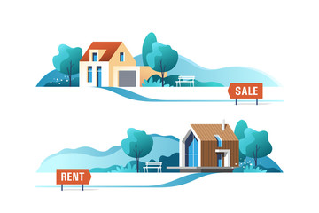 Real estate business concept with suburban houses. Vector illustration.