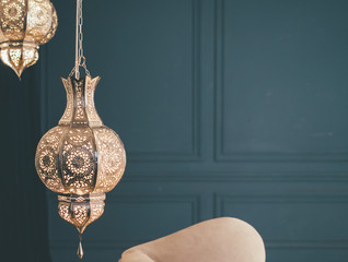 A skylight and chandelier in studio interior