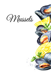 Wall Mural - Mussels with lemon and herb, seafood card template, Watercolor hand drawn illustration isolated on white background