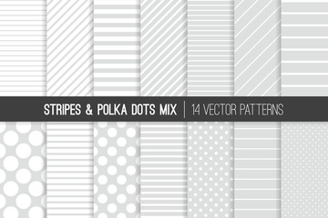 Wall Mural - Subtle Light Gray and White Polka Dots and Diagonal and Horizontal Stripes Vector Patterns. Modern Minimal Neutral Backgrounds. Various Size Spots and Lines. Tile Swatches Included.