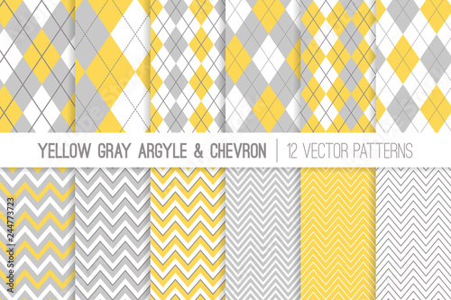 Yellow Gray Argyle And Chevron Seamless Vector Patterns Subtle