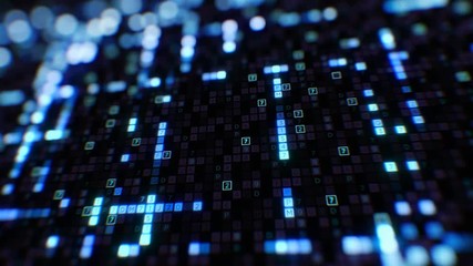 Canvas Print - Blue Symbols of Digital Code Abstract Input Process Close-up with DOF Blur Bokeh Seamless. Looped 3d Animation. Futuristic Business Information and Virtual Technology Concept. 4k Ultra HD 3840x2160
