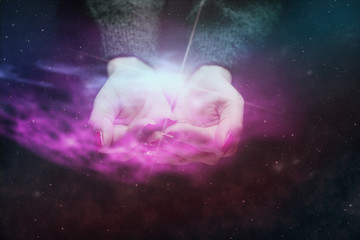 Poster - Woman hand hold a new star in infinite space. Mixed media.