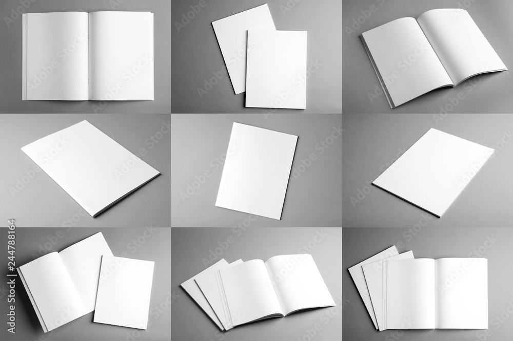 Set of different blank brochures on grey background. Mock up with space for text - obrazy, fototapety, plakaty 