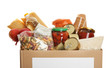 Donation box full of different products on white background