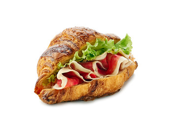 Wall Mural - Croissant sandwich with jamon of ham and lettuce on white