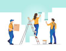 Home Repair. Man And Woman Painting The Wall In New Home. Vector Illustration.