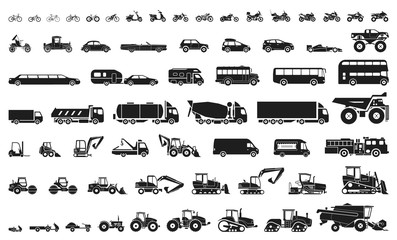 set of various transportation and construction machinery. icons of motorcycles and bicycles, cars, h