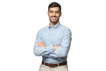 handsome smiling business man in blue shirt standing with crossed arms, isolated on white background