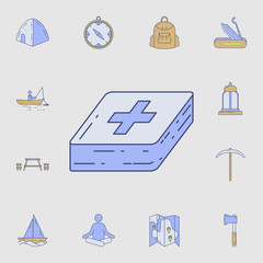 Poster - first-aid kit icon. Detailed set of color camping tool icons. Premium graphic design. One of the collection icons for websites, web design, mobile app