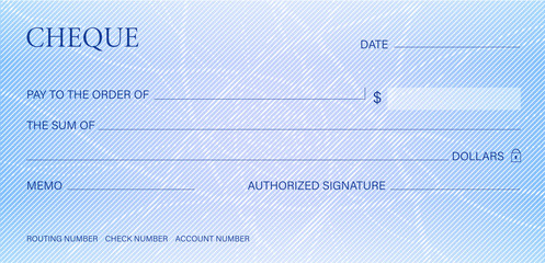 Check, Cheque (Chequebook template). Guilloche pattern with abstract line watermark. Background hi detailed for banknote, money design, currency, bank note, Voucher, Gift certificate, Money coupon