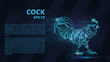 The cock consists of particles. The cock consists of dots and circles. Blue rooster on a dark background.