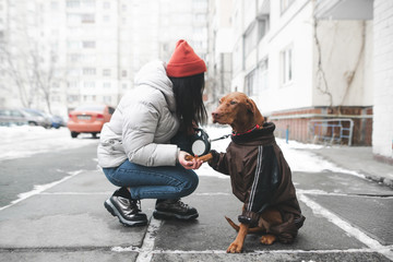 Canvas Print - Beautiful girl in warm clothes with a beautiful dog sitting in the winter street, a woman looking at the dog and the doggy aside on the background of the buildings. Walking with the dog in winter