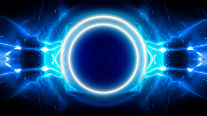 Wall Mural - Round abstract tunnel, blue neon. Neon circle light arch, in the center, light, rays, smoke. Abstract blue background with rays and neon.