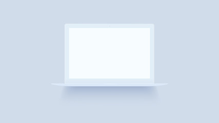 White laptop mockup on background. Macbook with blank screen. Open notebook front view. Modern thin ultrabook vector illustration. Realistic isolated model with place for text or advertising.