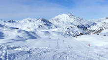 Downhill Skiing, Snowboarding Slopes, Off Piste Trails, In French Winter Resort Of Val D’Isere, Alps , With Panorama Of Mountain Snowy Peaks And Valleys .