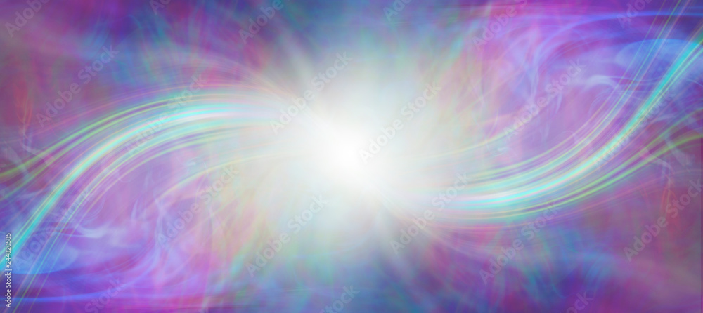 Mindfulness connection with the Divine Source - central white energy orb with a symmetrical bright laser light coming in from each side against a pink blue green gaseous background  - obrazy, fototapety, plakaty 