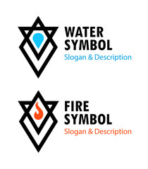 Wall Mural - Creative signs of Fire and Water with captions - Vector illustrations of wiccan symbols.