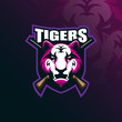 tiger mascot logo design vector with modern illustration concept style for badge, emblem and tshirt printing. angry tiger illustration with badge and shotgun.