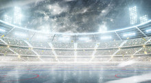 Ice Hockey Arena. Outdoor Winter Stadium. Night Rink. Snowfall At The Stadium