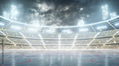 Dekoracja na wymiar  stadion-hokejowy-arena-hokejowa-nocny-stadion-pod-ksiezycem-ze-swiatlami-kibicami-i-flagami
