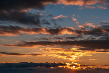 Wall Mural - Beautiful sunset sky with dramatic clouds and twilight light, summer nature background