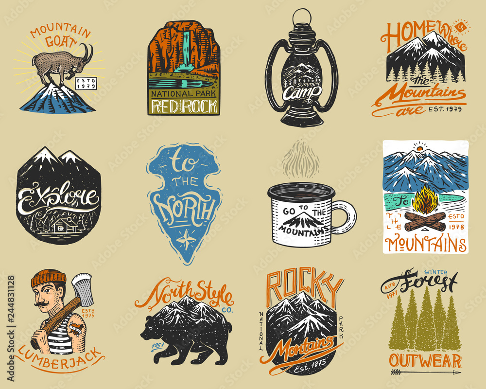 Camping logo and labels. Mountains and lumberjack, brown bear, mountain goat, pine trees. Trip in the forest, outdoor, adventure is waiting. Colored badges on the chalkboard. Hand drawn vintage pins. - obrazy, fototapety, plakaty 