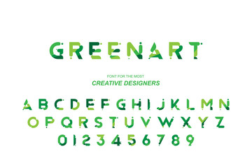 Green Eco original bold font alphabet letters and numbers for creative design template for logo. Flat illustration EPS10