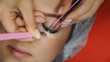 © Vagengeim - Cosmetic procedure for eyelash extensions in spa salon. Beautician makes correction of volume and length of eyelashes. Shooting close-up.