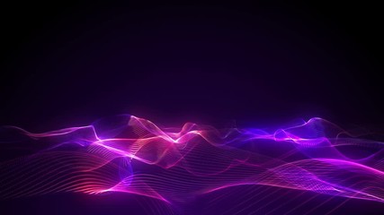 Poster - Big data wave of particles. Futuristic pink and blue neon glowing surface. Abstract motion background