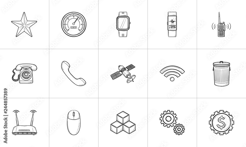 Communication and gadgets hand drawn outline doodle icon set. Outline ...