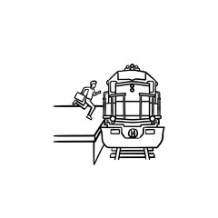 Canvas Print - Train station and passenger gets on the train hand drawn outline doodle icon. Railway transport, subway concept. Vector sketch illustration for print, web, mobile and infographics on white background.