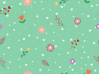 Wall Mural - Sweet and cute vector art seamless pattern with blooming flower, snow dot and leaf on pastel blue or green background look so cute and fresh for love theme on Valentine. Botanicals concept pattern.