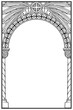 Early medieval Byzantine style round arch. Decorative motiff of Seraphim or cherubim wings on. Vertical orientation. Black linear drawing isolated on white background. EPS10 vector illustration