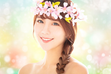 closeup young beauty face with spring background