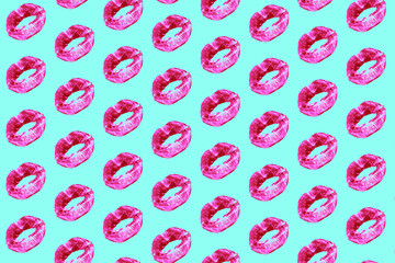 Print of kiss lips women, pink female lipstick, glamorous sensual red girl lip on blue background. Sexy sweet kissing, open mouth, pop art, minimal style, makeup seamless pattern.