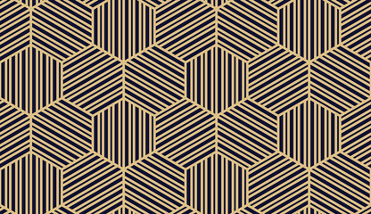 Abstract geometric pattern with stripes, lines. Seamless vector background. Dark blue and gold ornament. Simple lattice graphic design