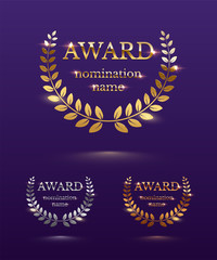 Wall Mural - award design templates. vector golden, silver and bronze award signs with laurel wreath isolated on 