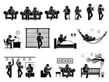 People Reading Book At Different Places. Pictogram Depicts Man And Woman Sitting And Standing To Read Book On Couch, Chair, Table, Library, Bed, Hammock, Train, Toilet, Coffee Shop, And Garden Park.
