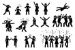 Female, girl, or woman celebration poses and gestures. Artwork shows girl celebrating by dabbing, raising hands, jumping up, hug, chest bump, high five, throwing person the air and group celebration.