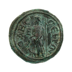 Ancient copper or bronze roman coin isolated on white