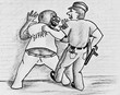 Allegory of racial discrimination. A police officer arrested a black man. Pencil drawing on paper
